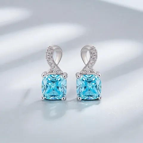 Luxury S925 Sterling Silver Square Cut Emerald Sea Blue Stud Earrings Rhinestone Inlaid Twisted Design Fine Jewelry For Women