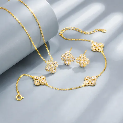 Elegant 925 Sterling Silver Pear Shaped Clover Jewelry Set For Women Hollow Flower Zirconia Necklace Earrings Bracelet