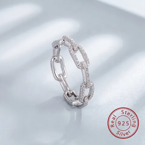 925 Sterling Zilveren Kettingschakel Ring Vrouwen Strass Ingelegd Minimalistische Industriële Stijl Mode Sieraden Vingerring