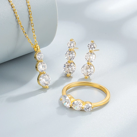 925 Sterling Silver Jewelry Set For Women Graduated Three Rhinestone Necklace Earrings And Ring Elegant Inlaid Jewelry Gift