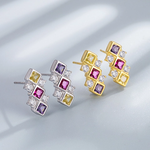 Luxe 925 Sterling Zilver Geometrische Oorknopjes Voor Vrouwen Vierkante Gekleurde Zirkonia Ingelegd Goud Zilveren Sieraden