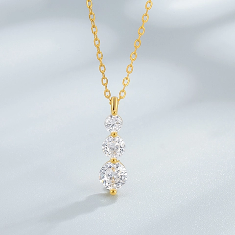 925 Sterling Silver Three Stone Drop Pendant Necklace For Women White Gold Geometric Rhinestone Inlaid Clavicle Chain Jewelry