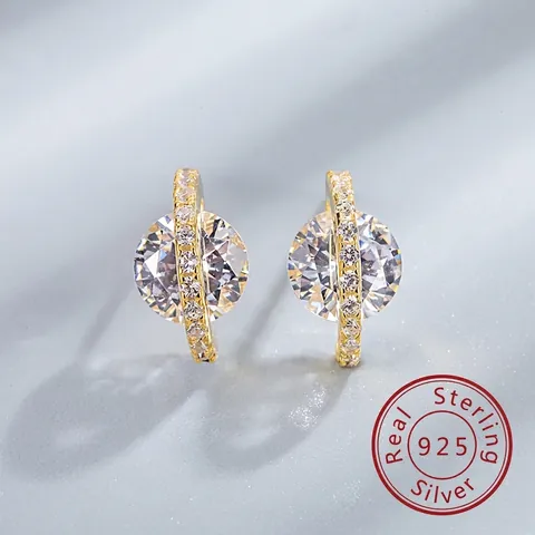 Elegant 925 Sterling Silver Planet Saturn Stud Earrings For Women Rhinestone Inlaid Sparkly Star Cosmic Jewelry Accessory Gift