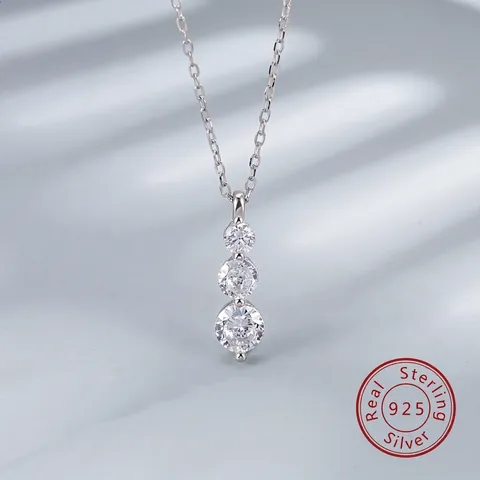 925 Sterling Silver Three Stone Drop Pendant Necklace For Women White Gold Geometric Rhinestone Inlaid Clavicle Chain Jewelry