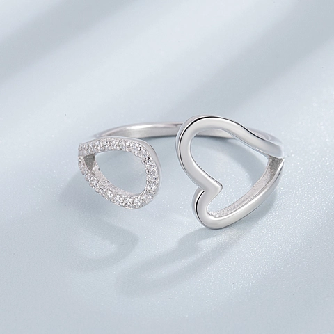 925 Sterling Silver Heart Waterdrop Open Ring For Women Minimalist Micro Inlaid Rhinestone Adjustable Finger Ring Jewelry Gift