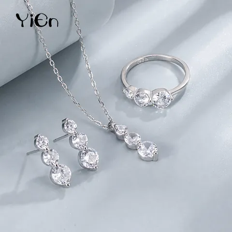 925 Sterling Silver Jewelry Set For Women Graduated Three Rhinestone Necklace Earrings And Ring Elegant Inlaid Jewelry Gift