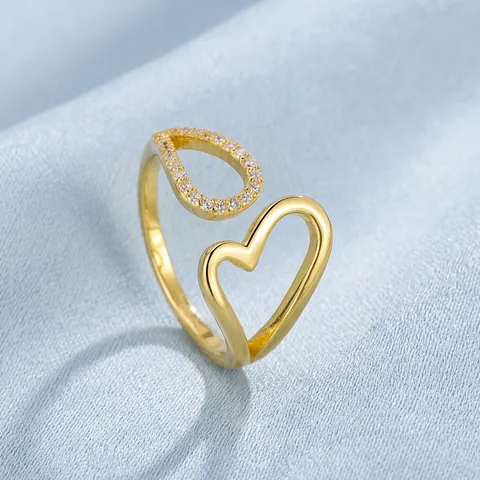 925 Sterling Silver Heart Waterdrop Open Ring For Women Minimalist Micro Inlaid Rhinestone Adjustable Finger Ring Jewelry Gift
