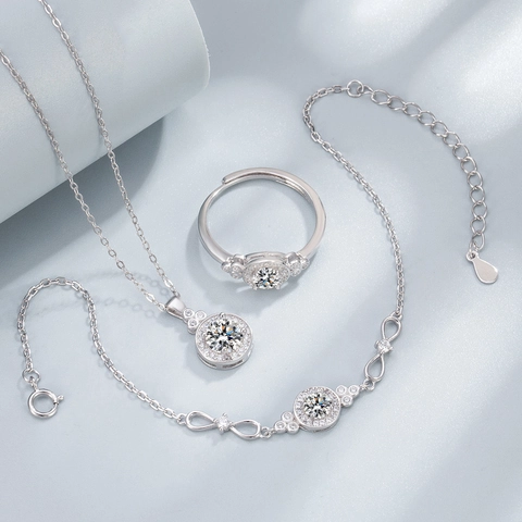 925 Sterling Silver Jewelry Collection For Women Round Zirconia Halo Pendant Necklace Infinity Bracelet Adjustable Open Ring
