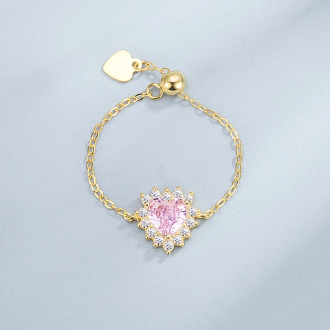 925 Sterling Zilver Roze Hart Strass Ring Voor Vrouwen Verstelbare Ketting Trekkoord Ontwerp Elegante Mode Sieraden Cadeau
