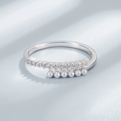 925 Sterling Silver Artificial Pearl Rhinestone Open Ring Adjustable Stackable Minimalist Jewelry For Women Wedding Dating Gift