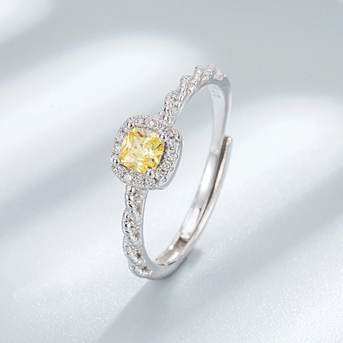 S925 Sterlingsilber Zuckerwürfel Ring Für Damen Gelber Quadratischer Strass Halo Verstellbarer Offener Ring Schmuck