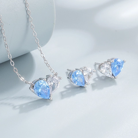Juego de Joyas de Corazón de Plata de Ley 925 Collar con Colgante de Corazón de Strass Rosa Azul y Pendientes de Botón para Mujer