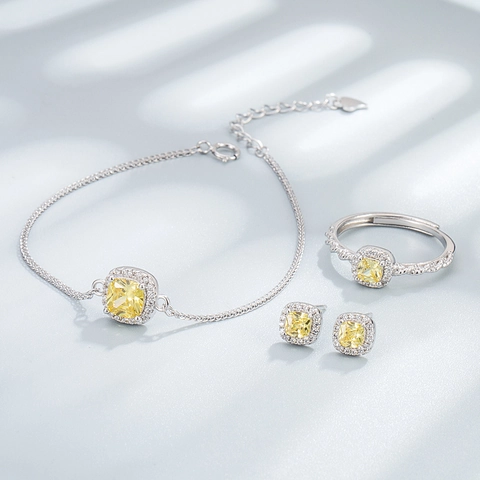 925 Sterling Silver Square Yellow Rhinestone Stud Earrings Open Ring And Bracelet Fashion Jewelry For Women Wedding Gift
