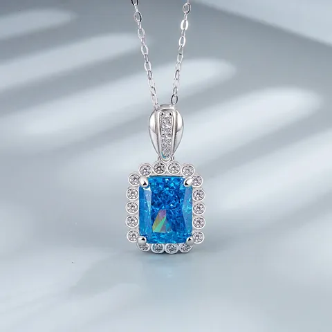 925 Sterling Silver Radiant Cut Rectangle Gemstone Pendant Necklace Luxury Rhinestone Halo Inlaid Geometric Jewelry For Women