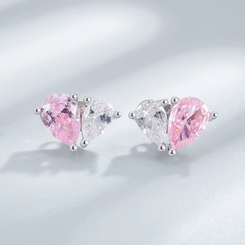 S925 Sterling Zilveren Tweekleurige Hart Oorknopjes Voor Dames Zoete Roze Blauw Witte Zirconia Oorknopjes Sieraden