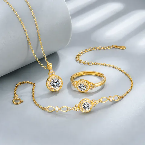 925 Sterling Silver Jewelry Collection For Women Round Zirconia Halo Pendant Necklace Infinity Bracelet Adjustable Open Ring