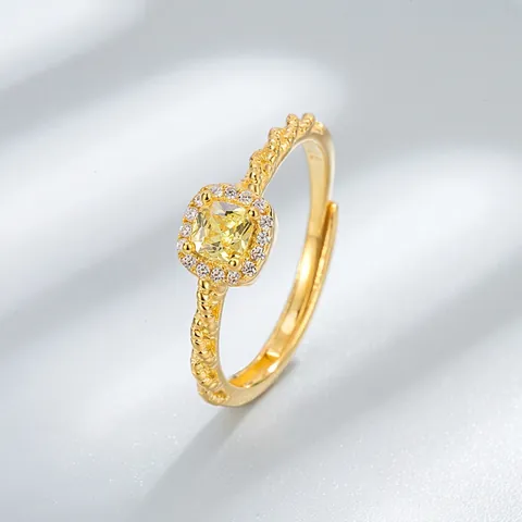 S925 Sterlingsilber Zuckerwürfel Ring Für Damen Gelber Quadratischer Strass Halo Verstellbarer Offener Ring Schmuck