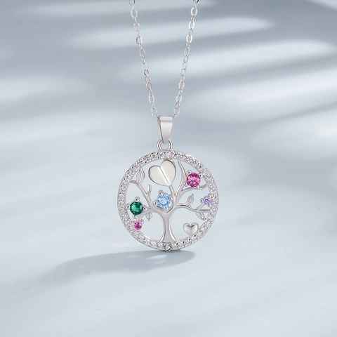 Collier Pendentif Arbre de Vie en Argent Sterling S925 Femme Élégant Strass Multicolore Cœur Feuille Bijoux