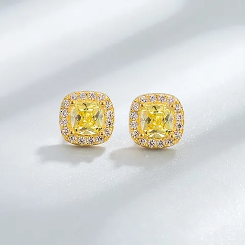 Orecchini a Bottone in Argento Sterling 925 con Strass Giallo Quadrato Halo Taglio Cushion per Donna Elegante Gioiello Geometrico