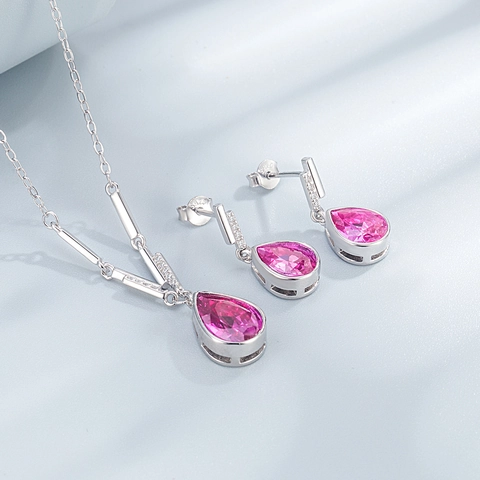 Conjunto de Joyas de Plata de Ley 925 Lágrimas de Sirena Azul Rosa Gota de Agua Diamantes Colgante Collar Pendientes Mujer