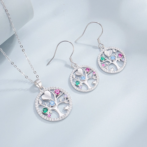 Tree Of Life Jewelry 925 Sterling Silver Necklace And Hook Earrings With Colorful Rhinestone Heart Accents Vintage Bohemian Gift For Women