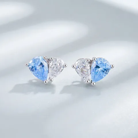S925 Sterling Zilveren Tweekleurige Hart Oorknopjes Voor Dames Zoete Roze Blauw Witte Zirconia Oorknopjes Sieraden