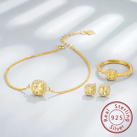 925 Sterling Silver Square Yellow Rhinestone Stud Earrings Open Ring And Bracelet Fashion Jewelry For Women Wedding Gift