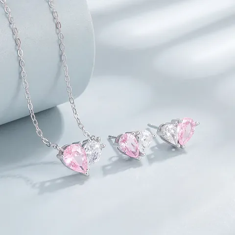 Juego de Joyas de Corazón de Plata de Ley 925 Collar con Colgante de Corazón de Strass Rosa Azul y Pendientes de Botón para Mujer