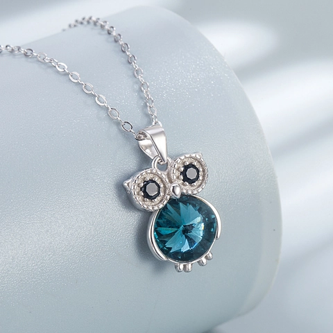 Joyas de Búho de Plata de Ley 925 Collar con Colgante de Cristal Azul Pendientes de Botón Mujer Estilo Animal Regalo
