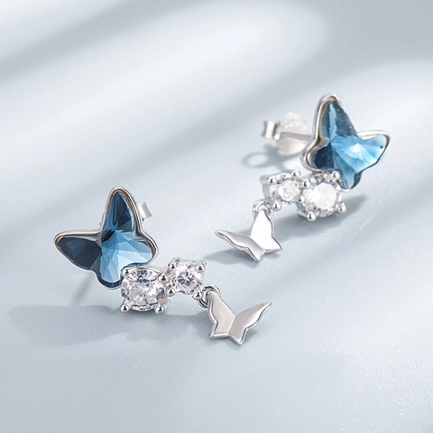 S925 Sterling Silver Butterfly Drop Earrings Blue Crystal Rhinestone Elegant Ear Studs Jewelry For Women Dating Gift
