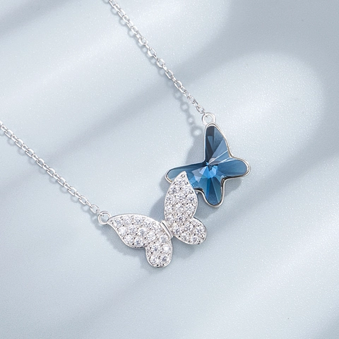 925 Sterling Silver Double Butterfly Pendant Necklace For Women Blue Artificial Crystal Rhinestone Inlaid Fashion Choker Jewelry