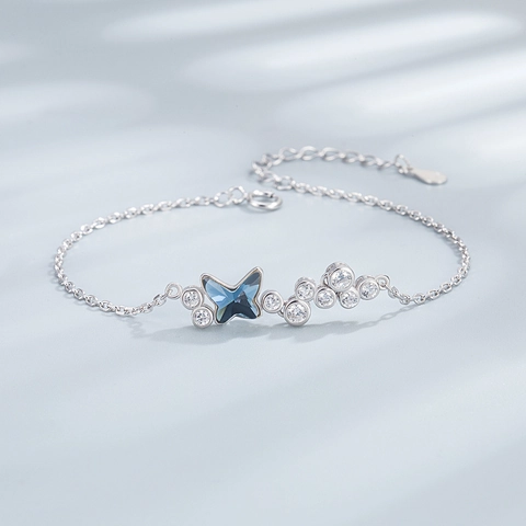 Conjunto de Joyería de Mariposa de Plata de Ley 925 Collar con Colgante de Cristal Azul Strass Pendientes Pulsera Mujer