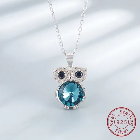 925 Sterling Silber Eule Anhänger Halskette Für Damen Blau Österreichischer Kristall Schlüsselbeinkette Tier Schmuck Geschenk