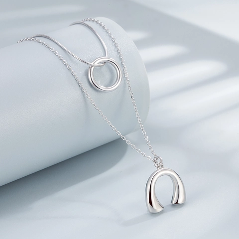 925 Sterling Silver Layered Necklace For Women Minimalist U-Shape Horseshoe Round Pendant Rhinestone Inlaid Double Chain Jewelry