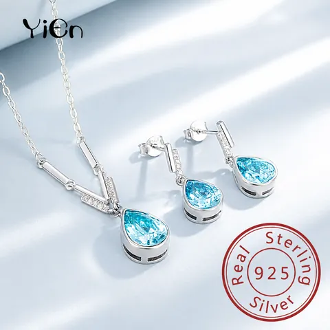 Conjunto de Joyas de Plata de Ley 925 Lágrimas de Sirena Azul Rosa Gota de Agua Diamantes Colgante Collar Pendientes Mujer