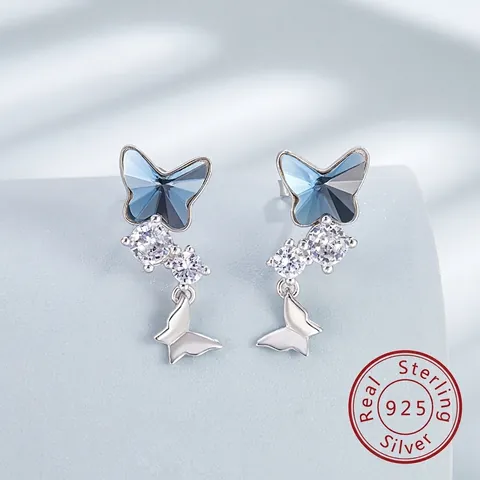S925 Sterling Silver Butterfly Drop Earrings Blue Crystal Rhinestone Elegant Ear Studs Jewelry For Women Dating Gift