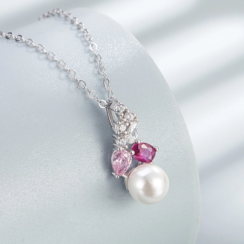 925 Sterling Silver Freshwater Pearl Pendant Necklace For Women Pink Red Rhinestone Inlaid Fashion Jewelry Fine Accessory