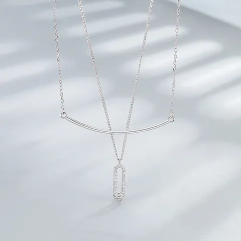 925 Argento Sterling Collana a Strati Arco del Sorriso Ciondolo Geometrico Pietra Scorrevole Strass Doppio Strato Gioielli