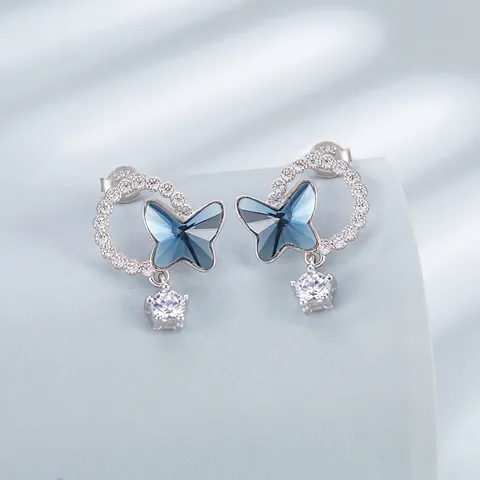 Orecchini a Bottone in Argento Sterling 925 Farfalla con Cristallo Artificiale Blu Strass Intarsiato Gioielli Donna Elegante