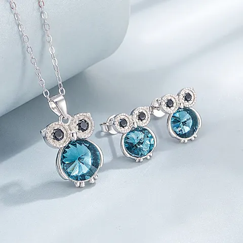 Joyas de Búho de Plata de Ley 925 Collar con Colgante de Cristal Azul Pendientes de Botón Mujer Estilo Animal Regalo