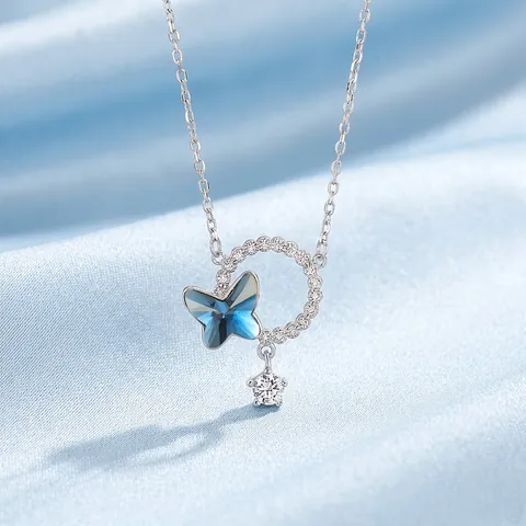 Collana Con Ciondolo a Farfalla in Argento Sterling 925 Per Donna Blu Cristallo Artificiale Strass Elegante Gioielli Moda