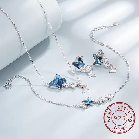 Conjunto de Joyería de Mariposa de Plata de Ley 925 Collar con Colgante de Cristal Azul Strass Pendientes Pulsera Mujer