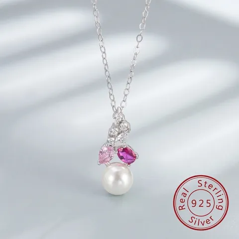 925 Sterling Silver Freshwater Pearl Pendant Necklace For Women Pink Red Rhinestone Inlaid Fashion Jewelry Fine Accessory