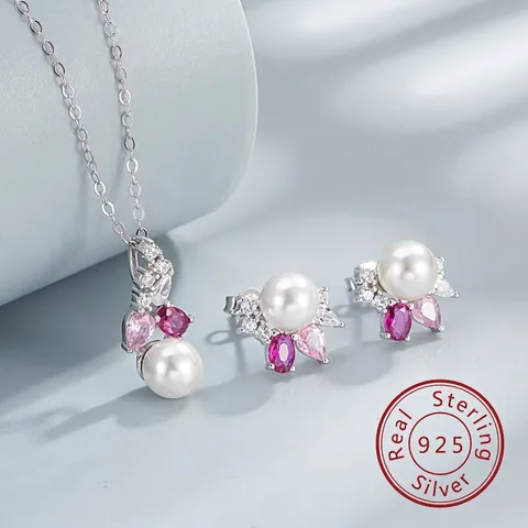 Parure de Bijoux en Argent Sterling 925 Avec Perle Artificielle Strass Rose Pendentif Fleur Collier Et Boucles d'Oreilles