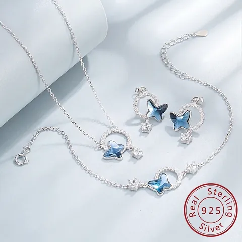 925 Sterlingsilber Blau Schmetterling Halskette Ohrringe Armband Für Damen Elegant Kristall Strass Schmuck Hochzeit Party