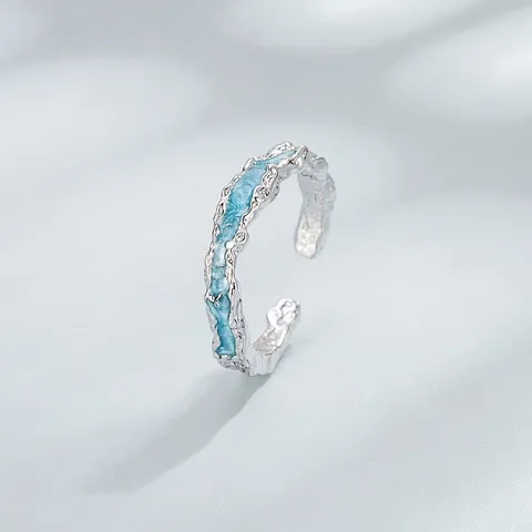 925 Sterling Silver Irregular Texture Lava Open Ring With Blue Enamel Adjustable Trendy Minimalist Finger Ring For Women