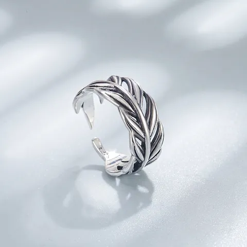 Anillo de Pluma de Plata de Ley 925 para Mujer Abierto Ajustable Minimalista Textura de Ondas Anillo de Dedo Joyería Regalo