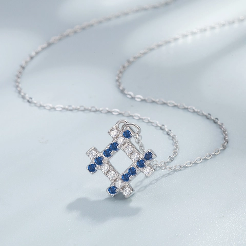 925 Sterling Silver Blue Zirconia Geometric Grid Pendant Necklace High End Fashion Commuter Commemorative Jewelry For Women