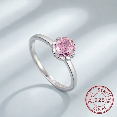 Bague Fleur en Argent Sterling 925 Avec Zirconia Rond Rose Élégante Bague de Doigt Incrustée Bijoux Pour Femme Cadeau de Mariage Fête
