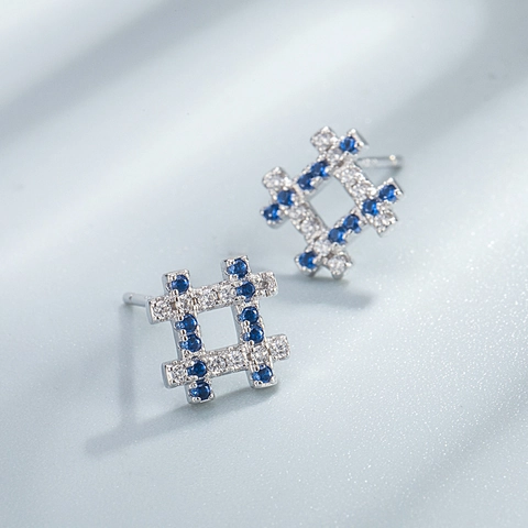 Pendientes de Botón Hashtag de Plata de Ley S925 Diamante Imitación Azul Blanco Rejilla Geométrica para Mujer Joyería